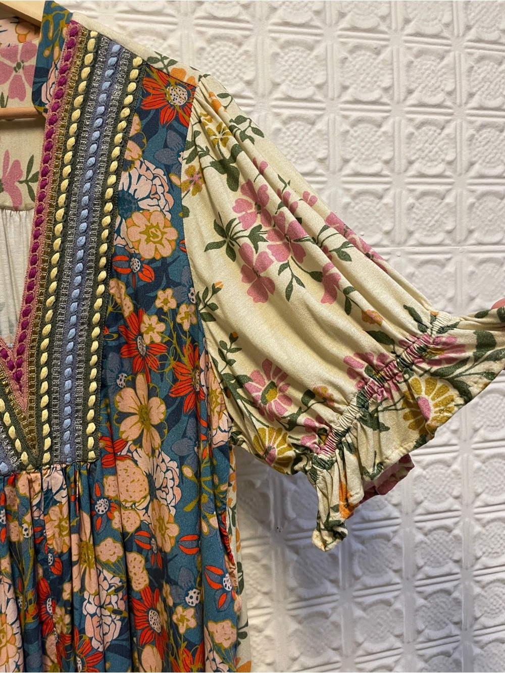 Floral V-Neck Peasant Blouse in Teal and Cream - Picture 3 of 5
